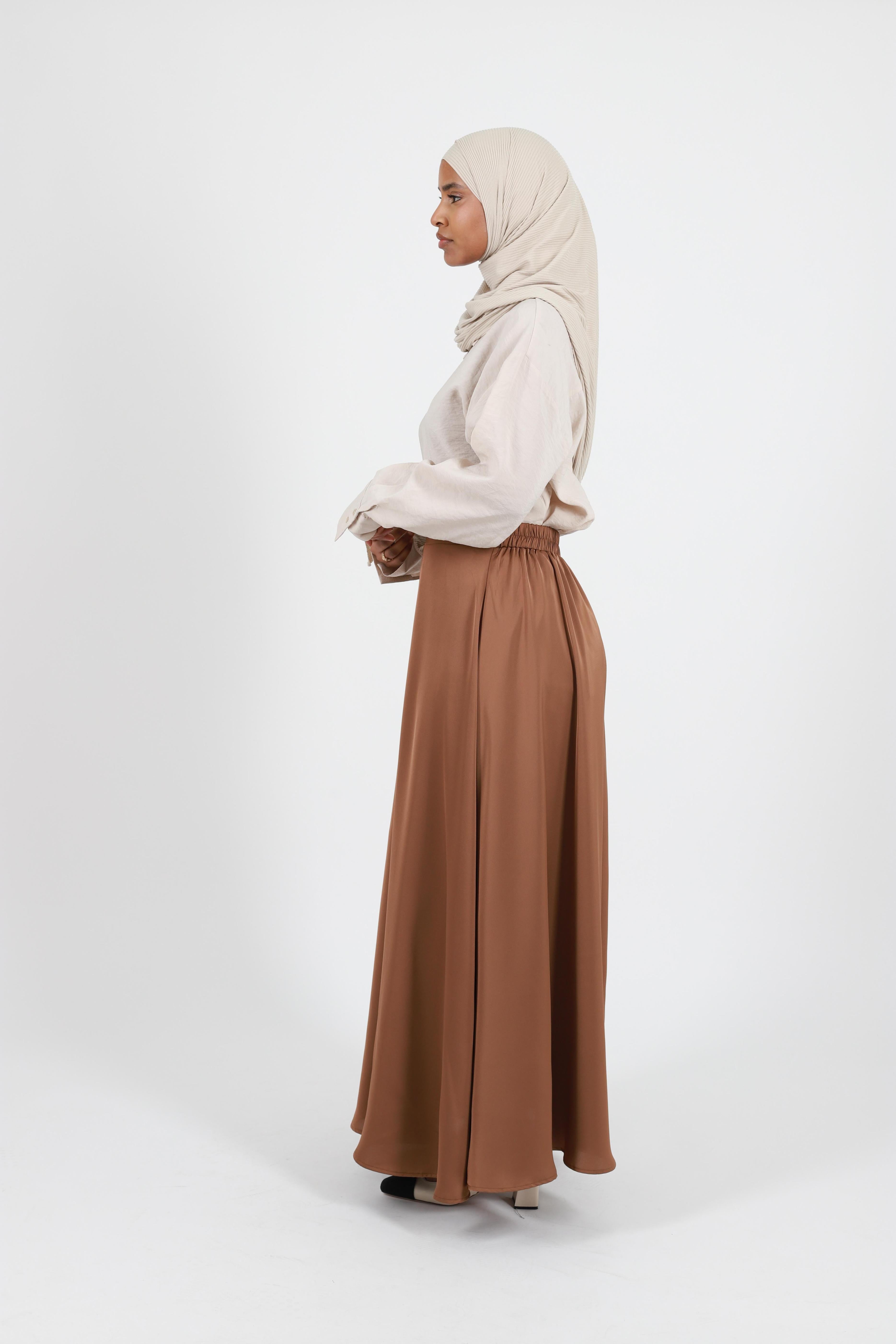 Long chocolate satin flared skirt