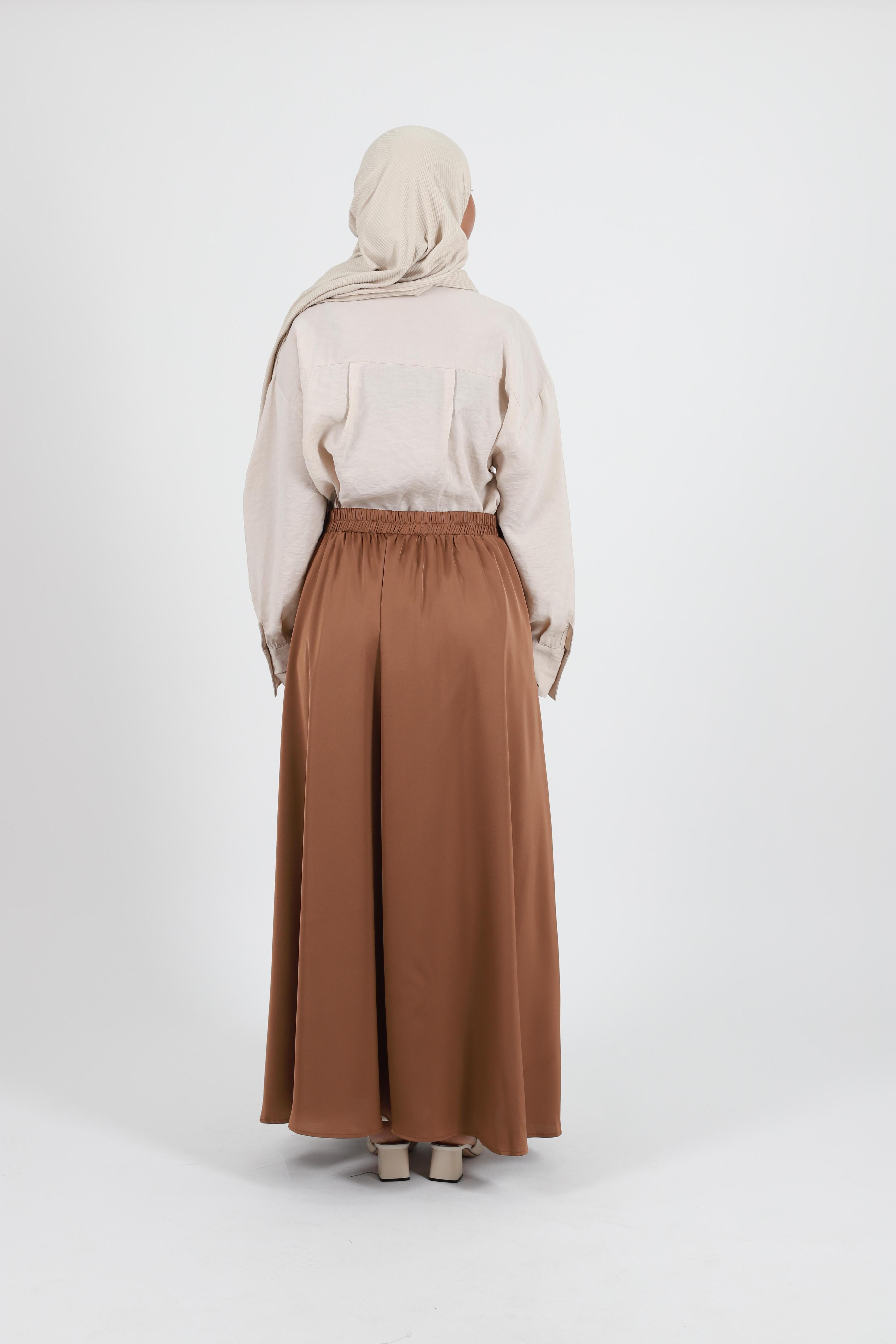 Long chocolate satin flared skirt