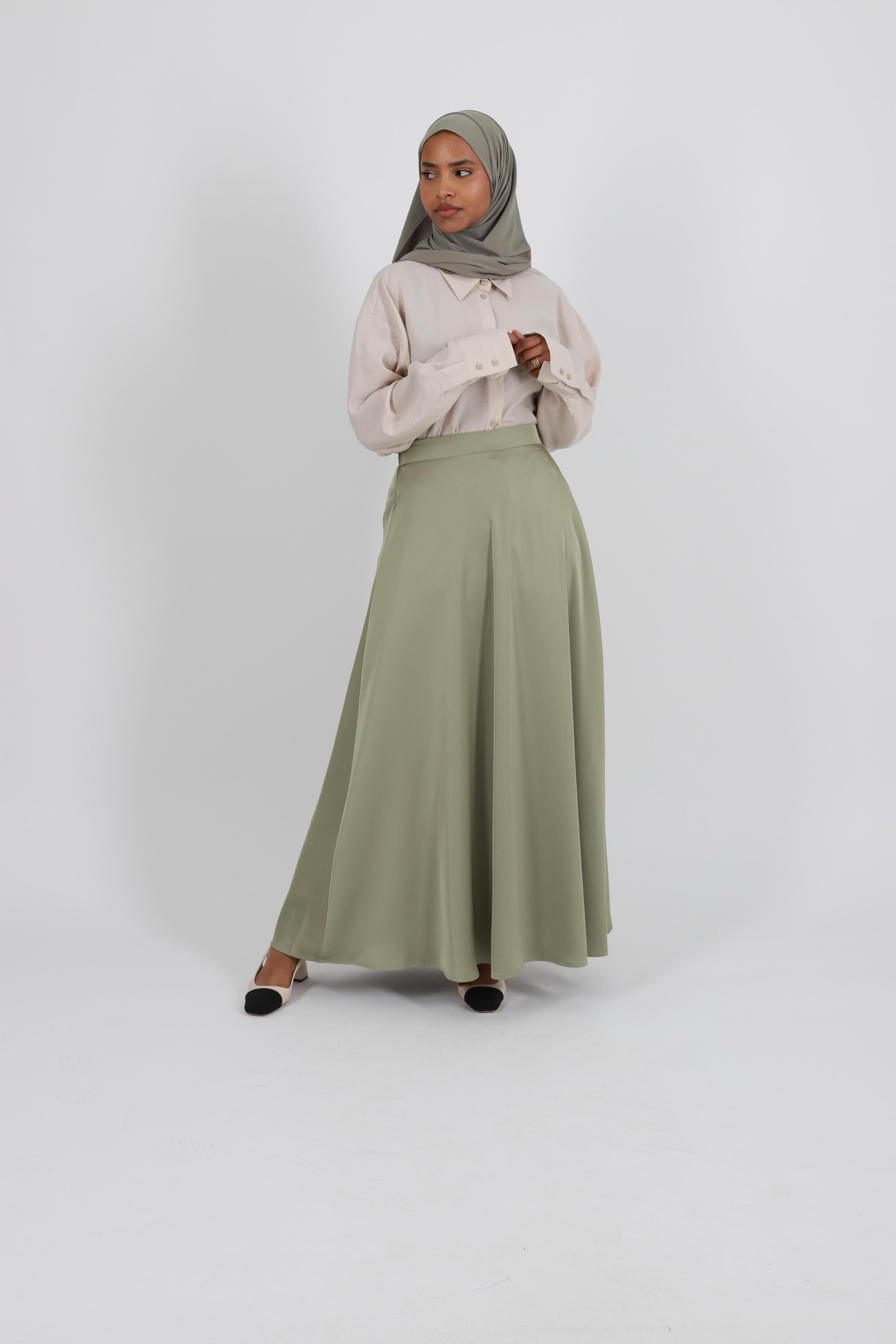 Long sage satin flared skirt