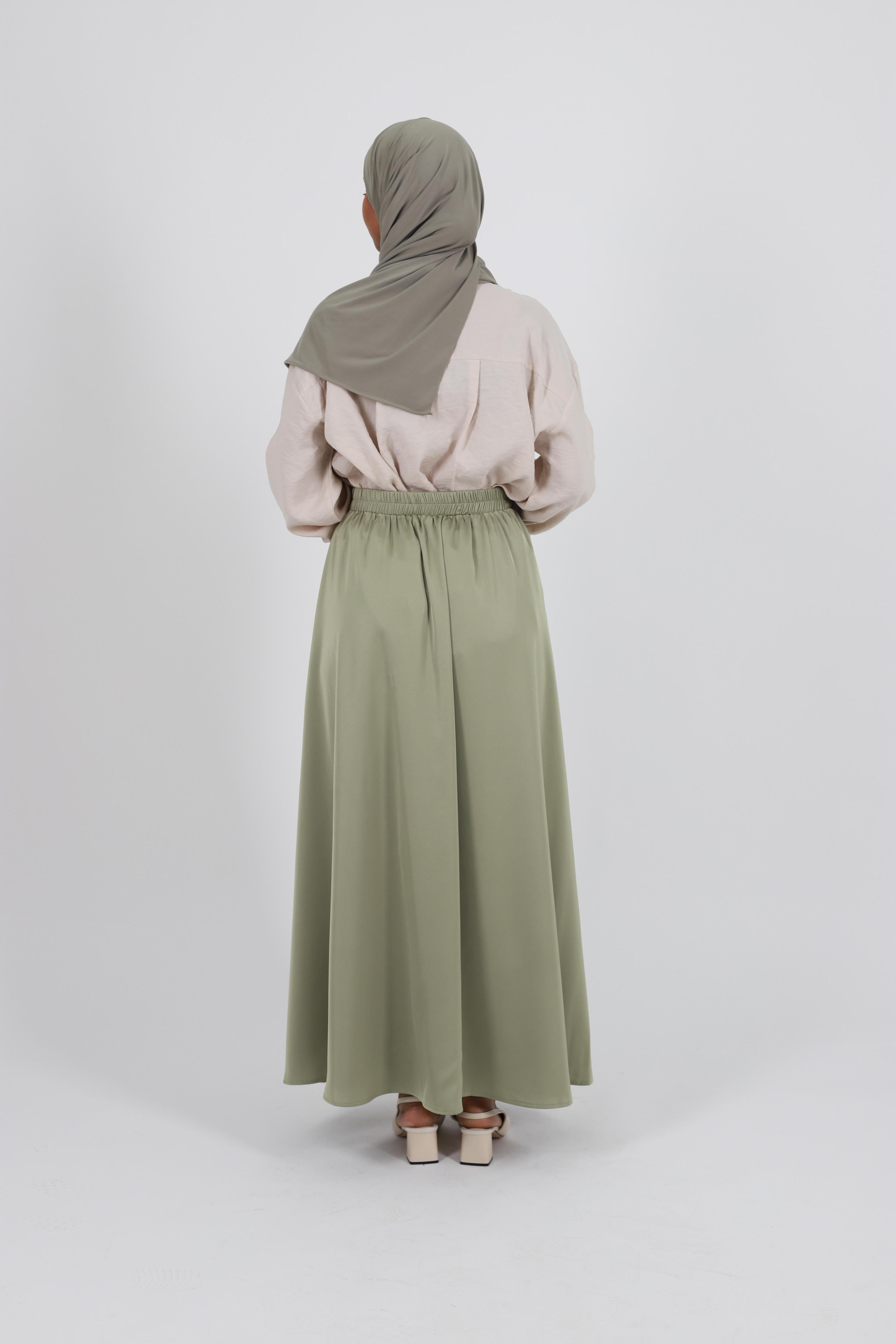 Long sage satin flared skirt