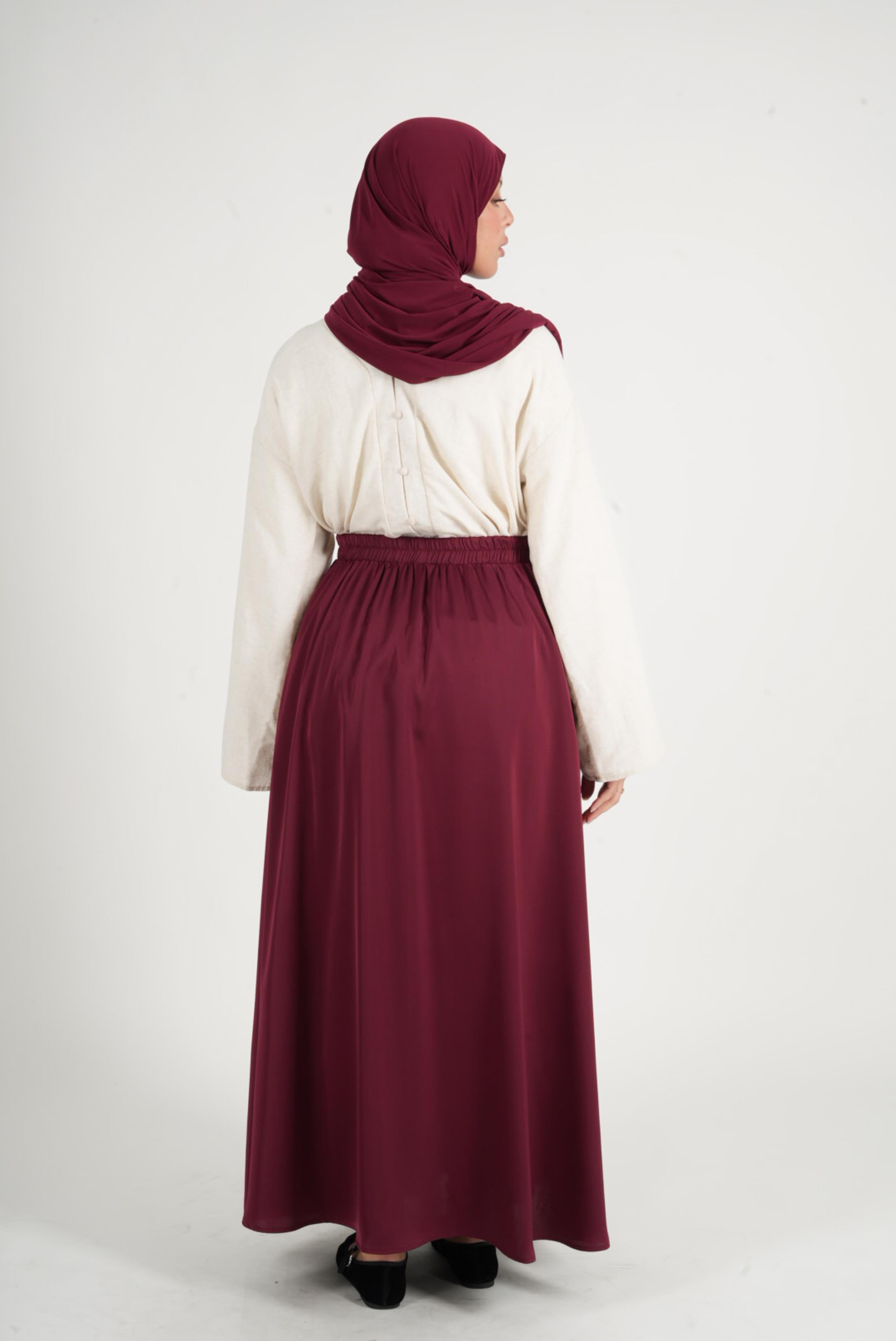 Burgundy satin flared skirt