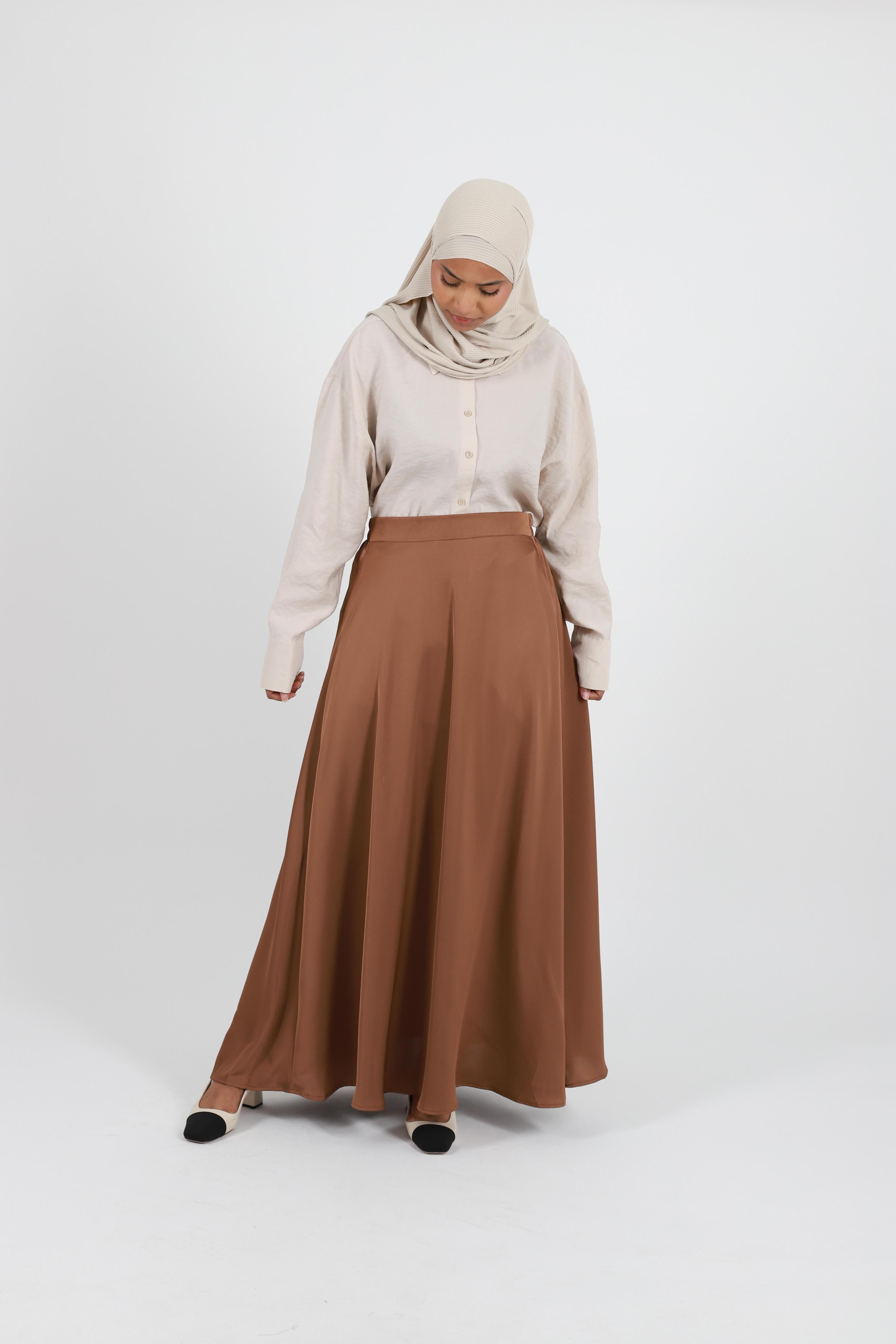 Long chocolate satin flared skirt