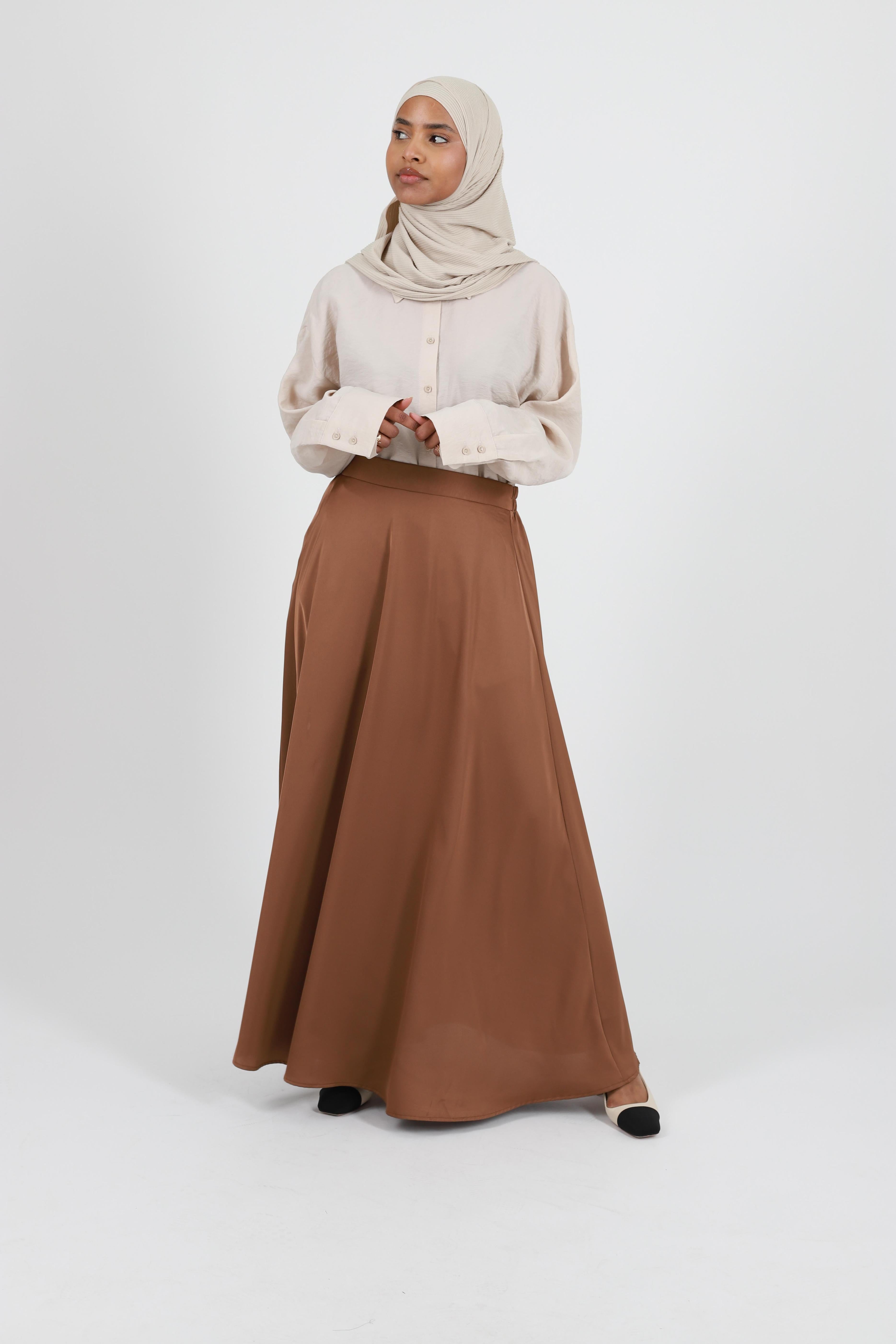 Long chocolate satin flared skirt