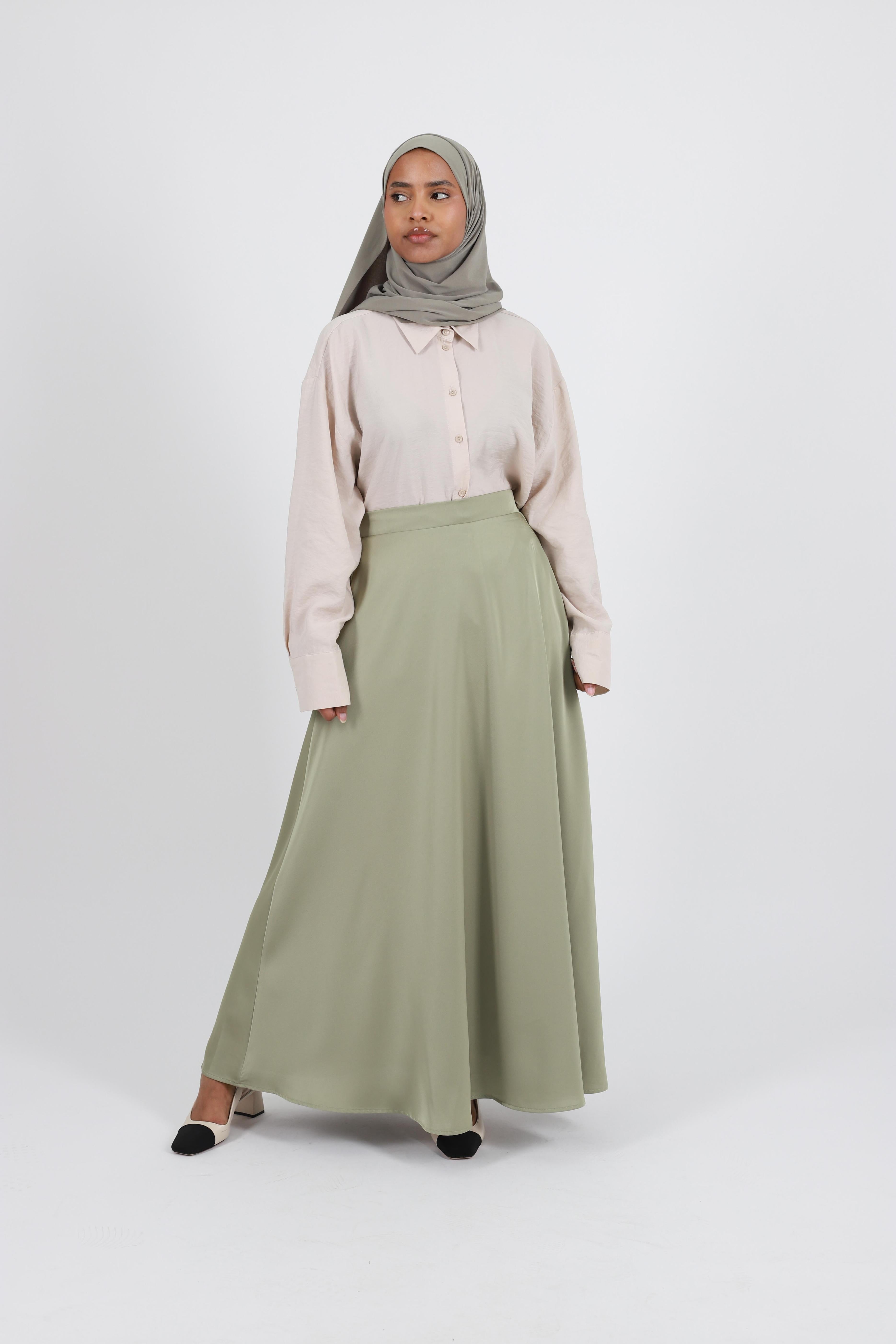 Long sage satin flared skirt