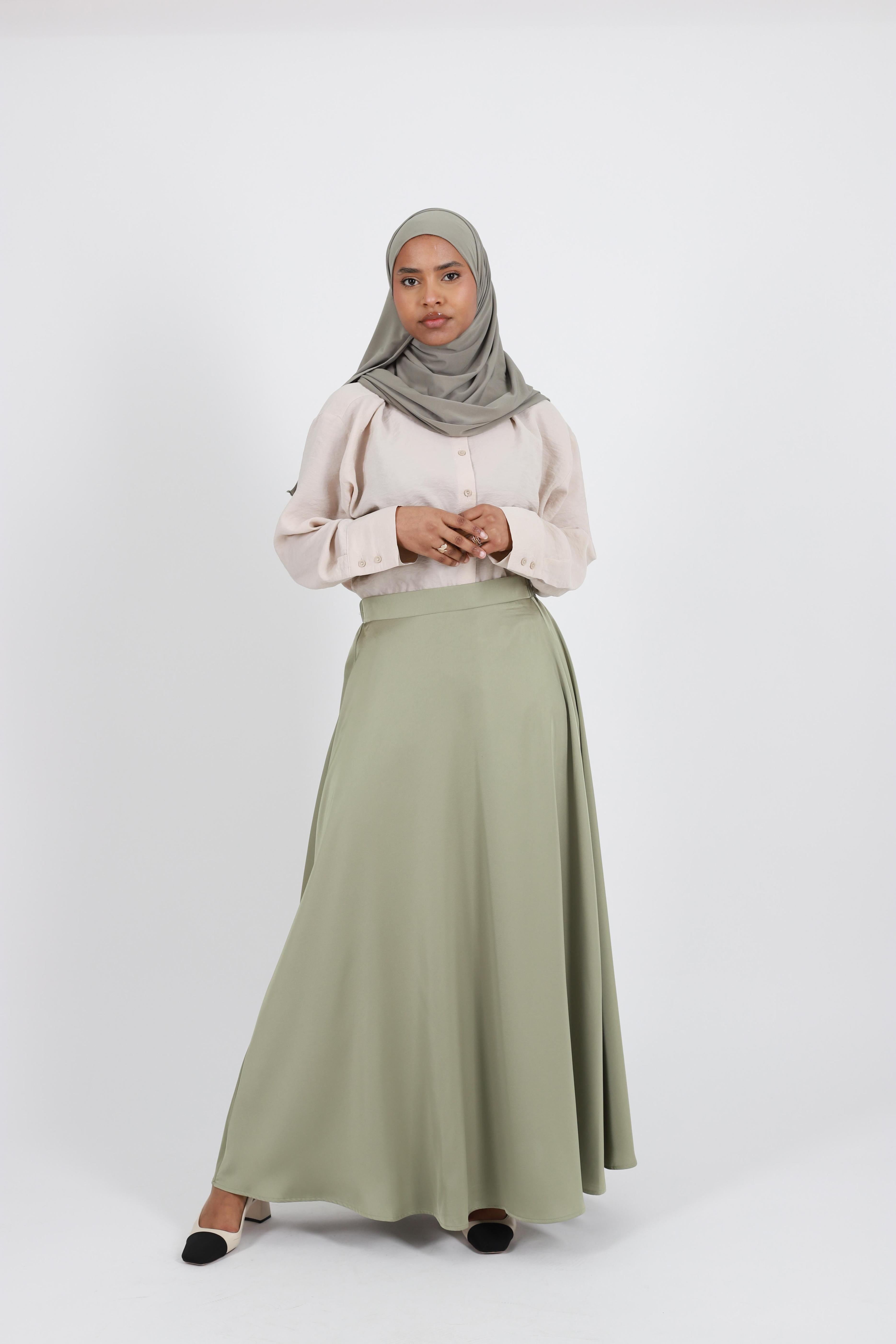 Long sage satin flared skirt