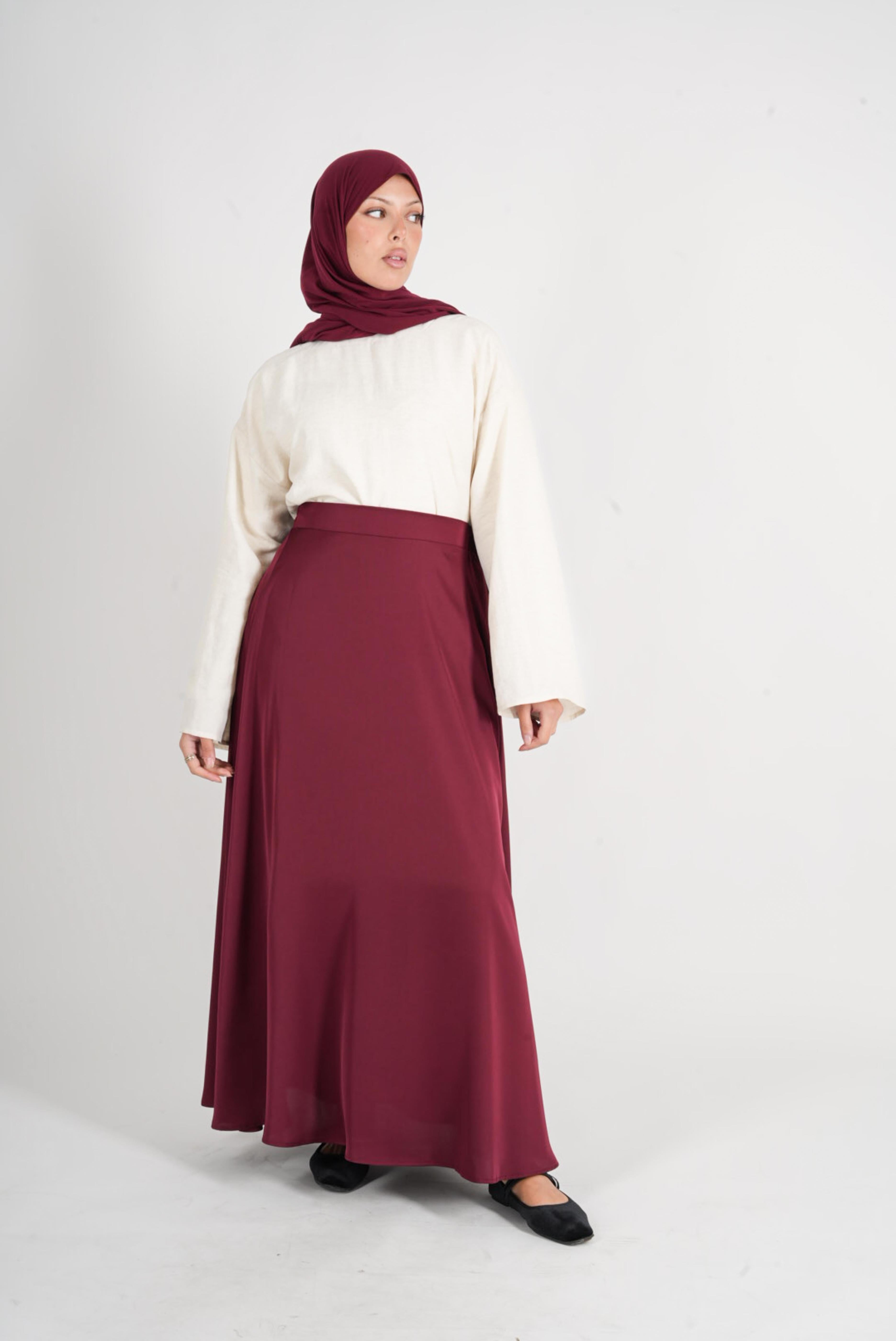 Burgundy satin flared skirt