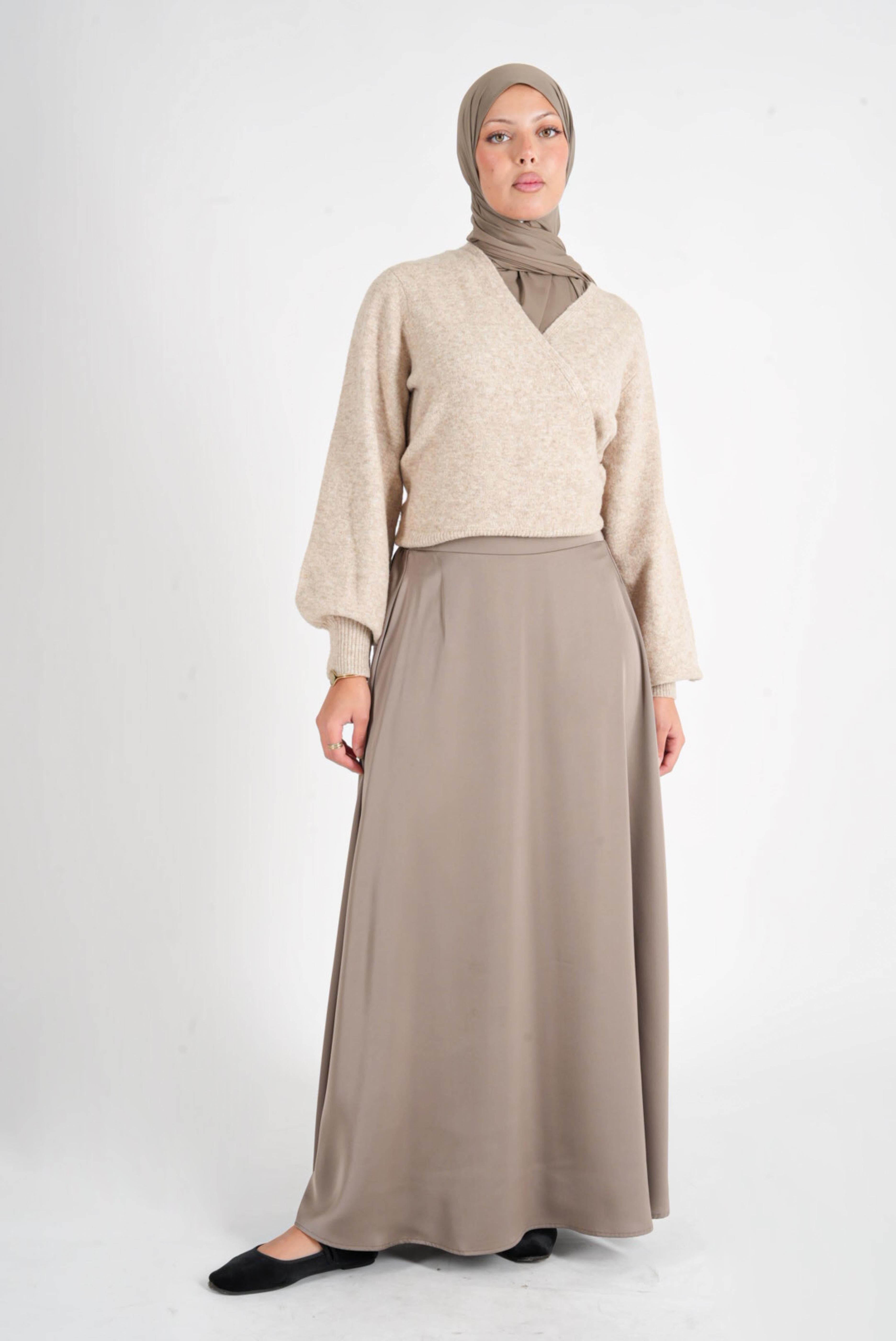 Taupe satin flared skirt