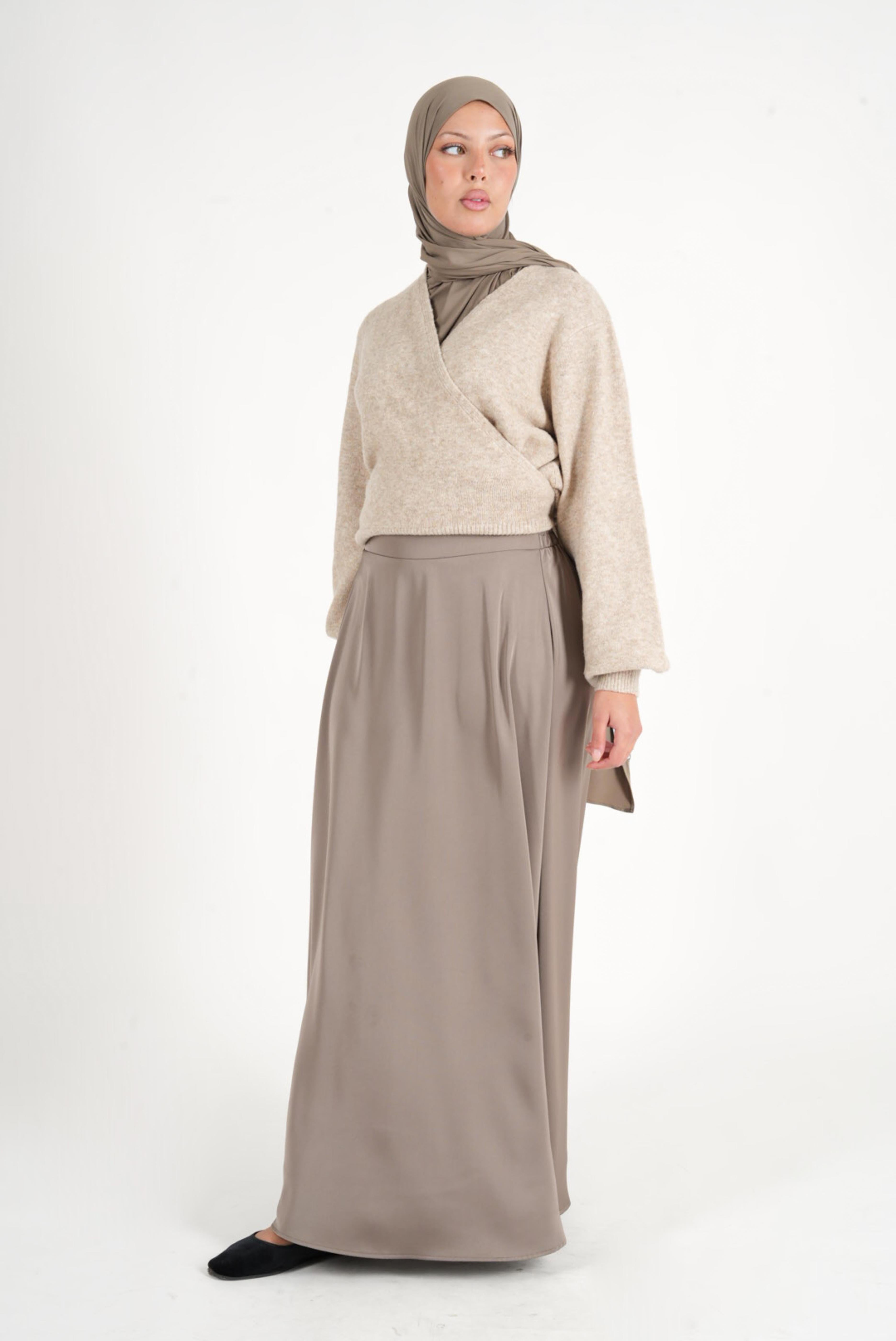 Taupe satin flared skirt