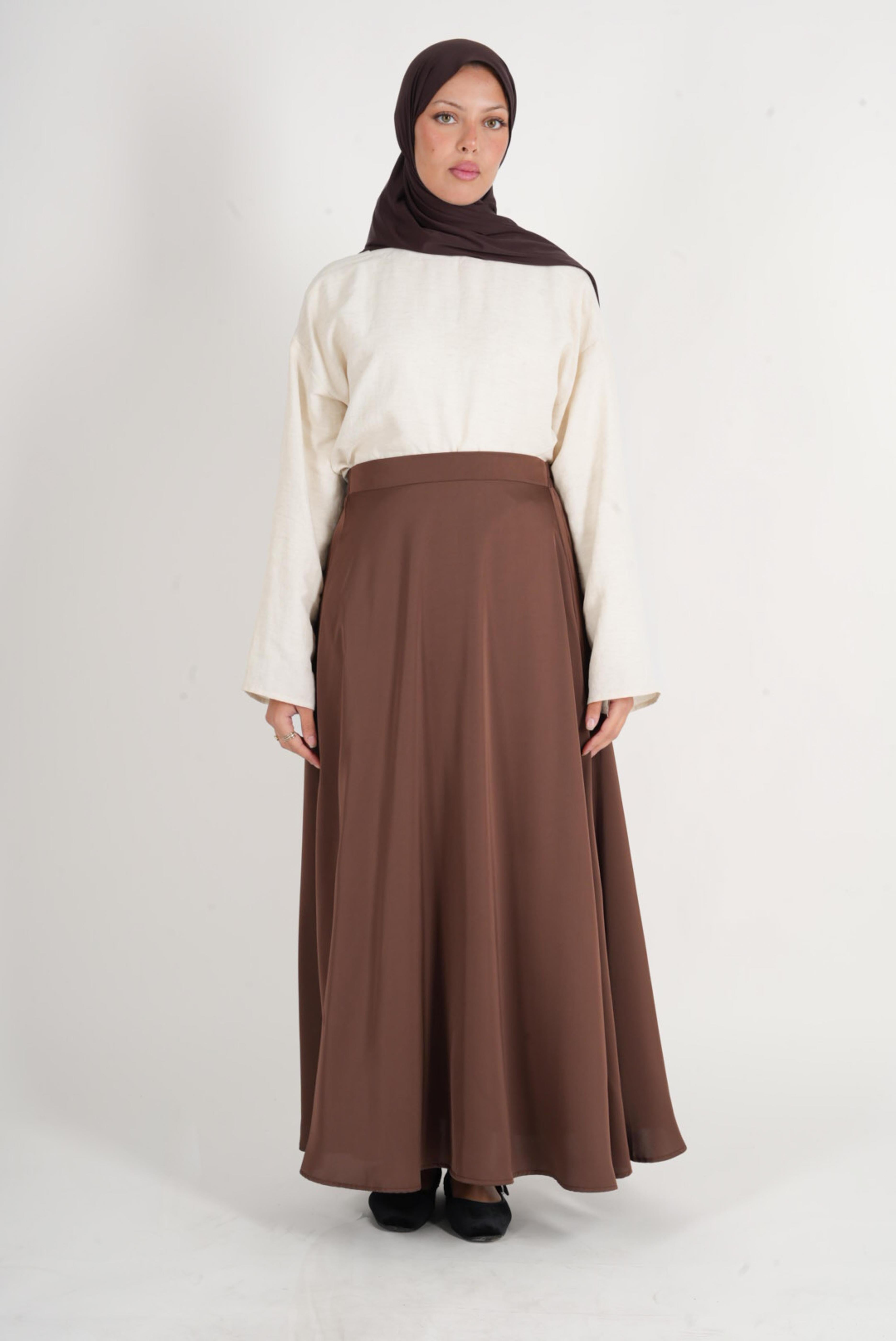 Brown satin flared skirt