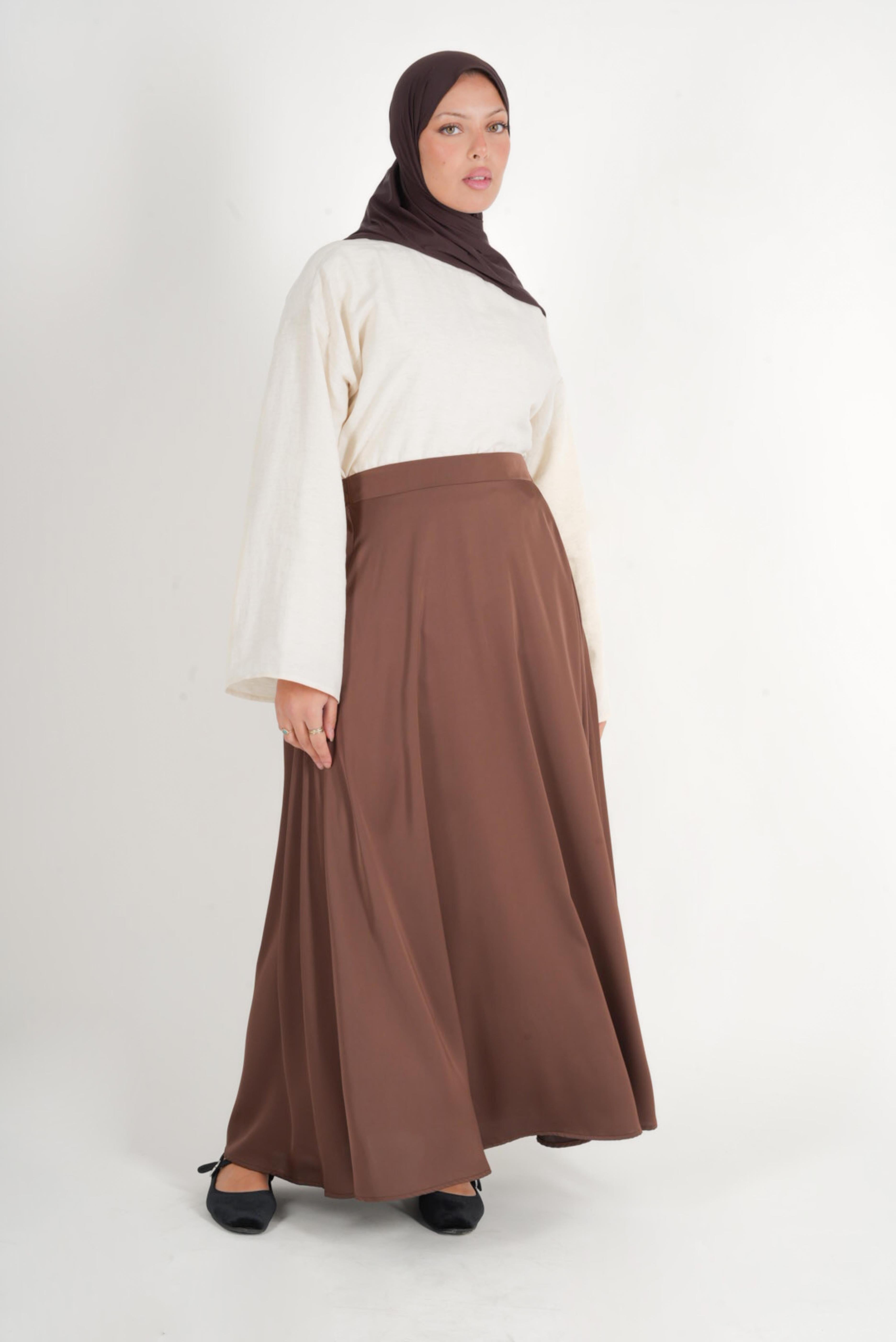 Brown satin flared skirt