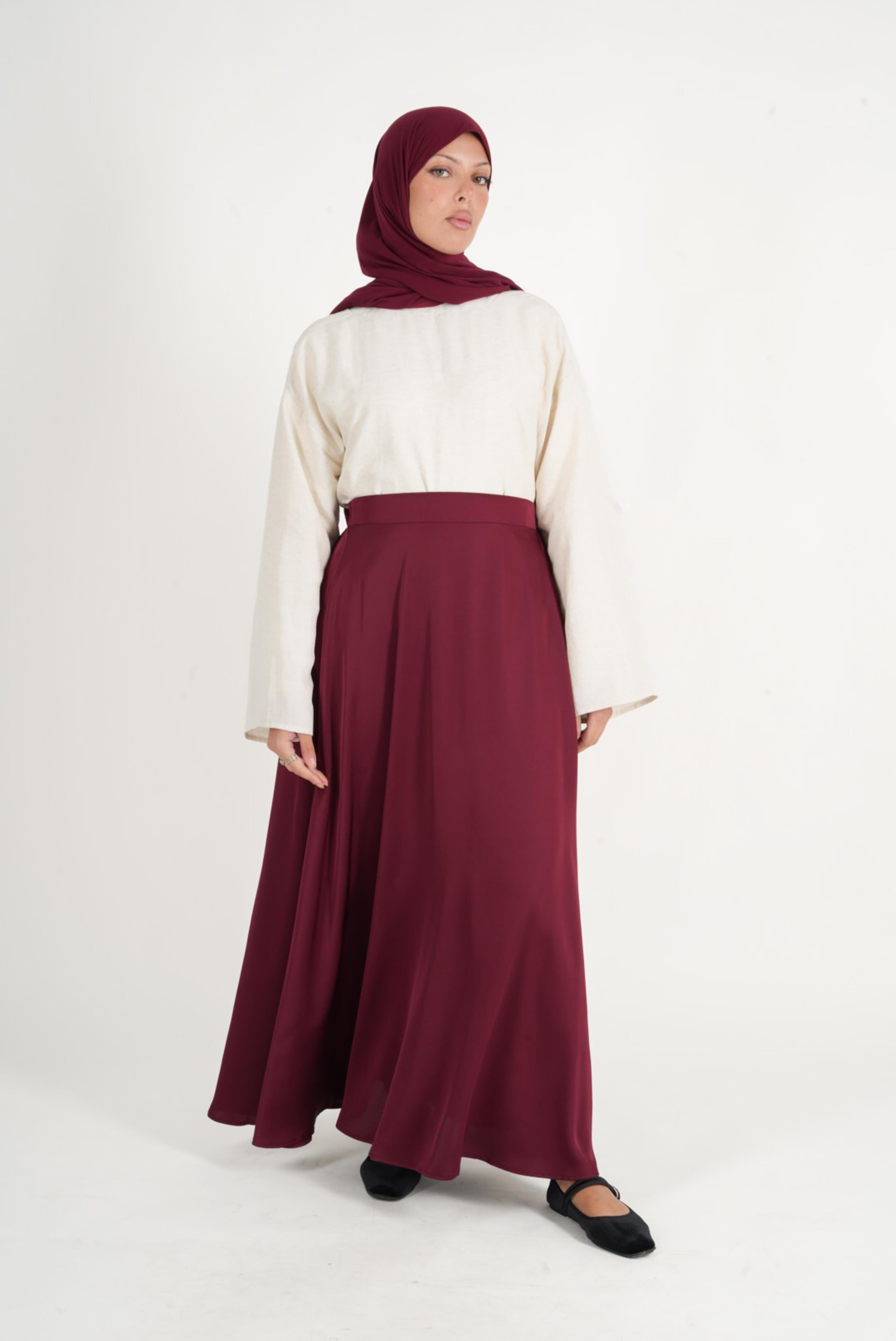 Burgundy satin flared skirt