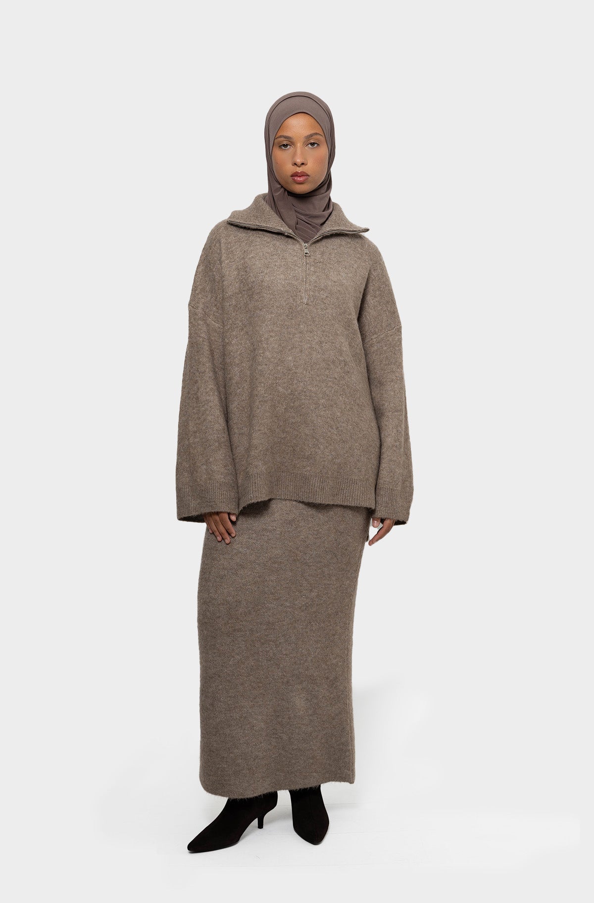 Taupe zip collar skirt set