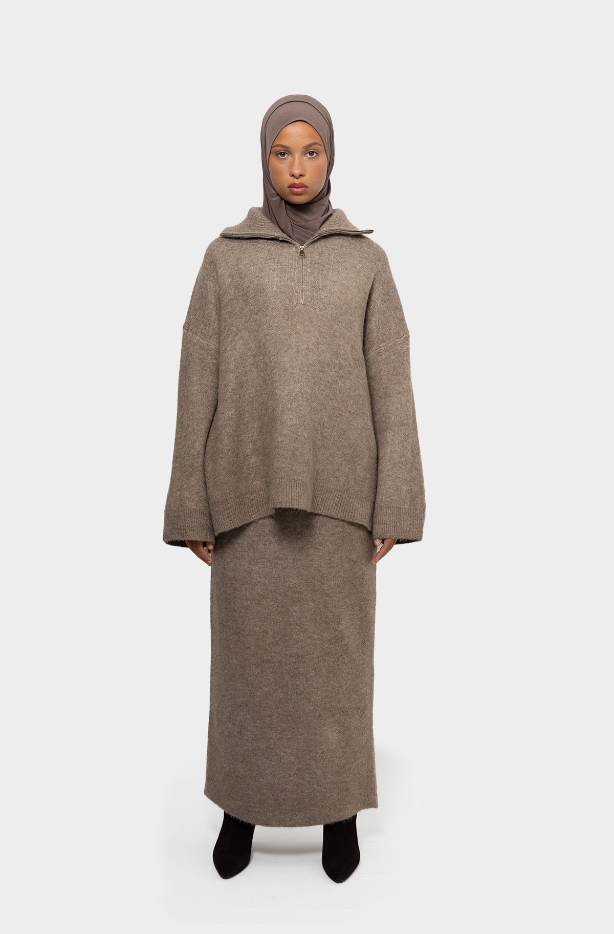 Taupe zip collar skirt set