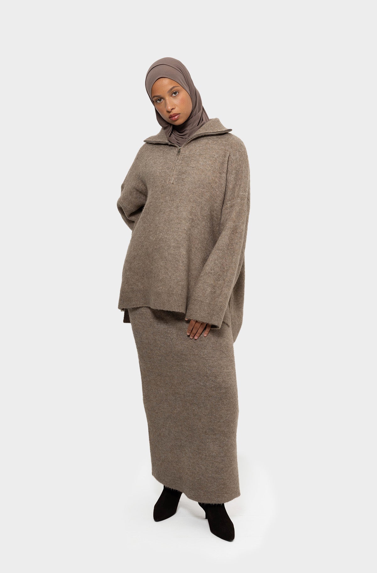 Ensemble jupe col zip taupe