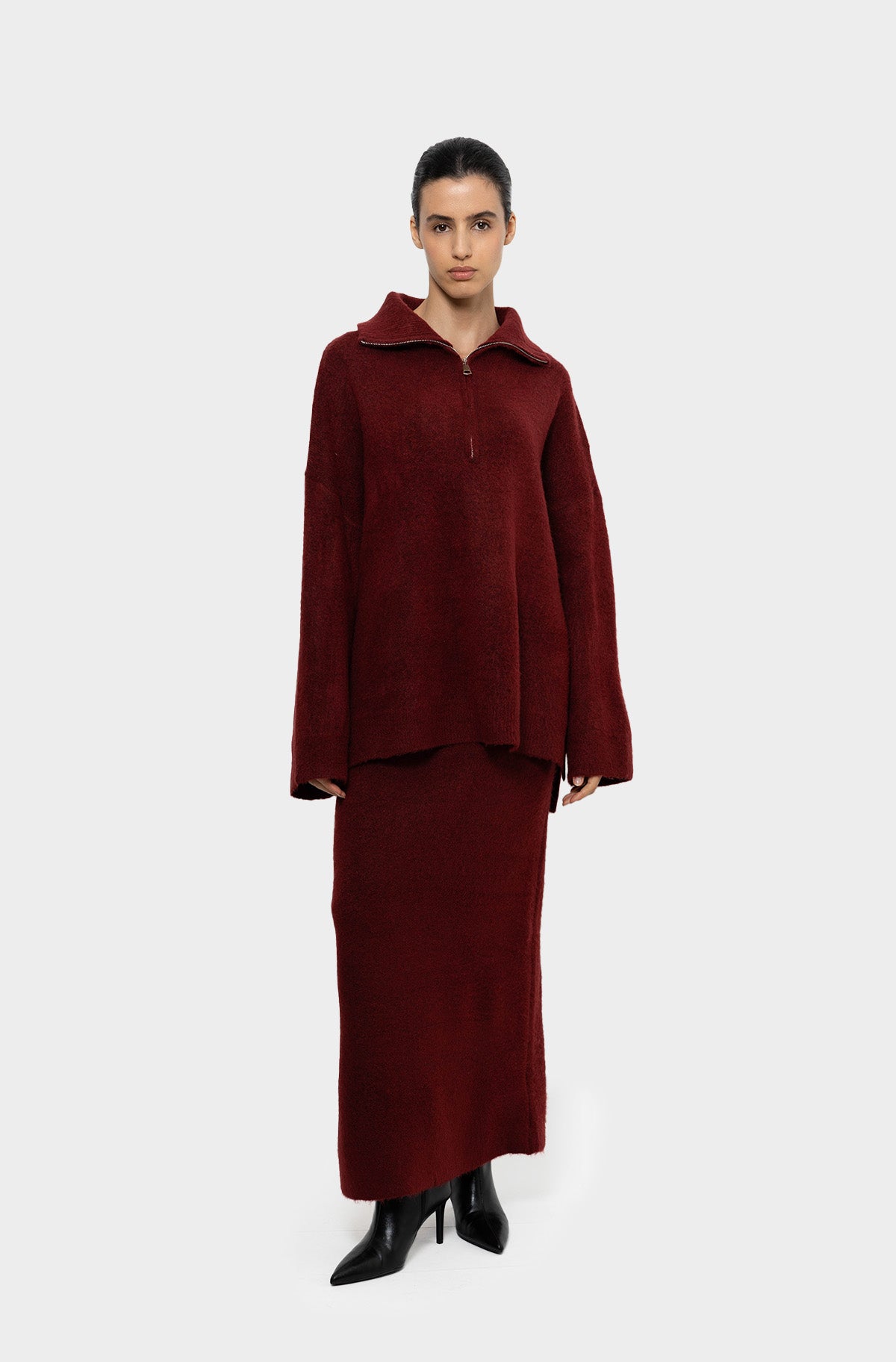 Burgundy zip collar skirt set