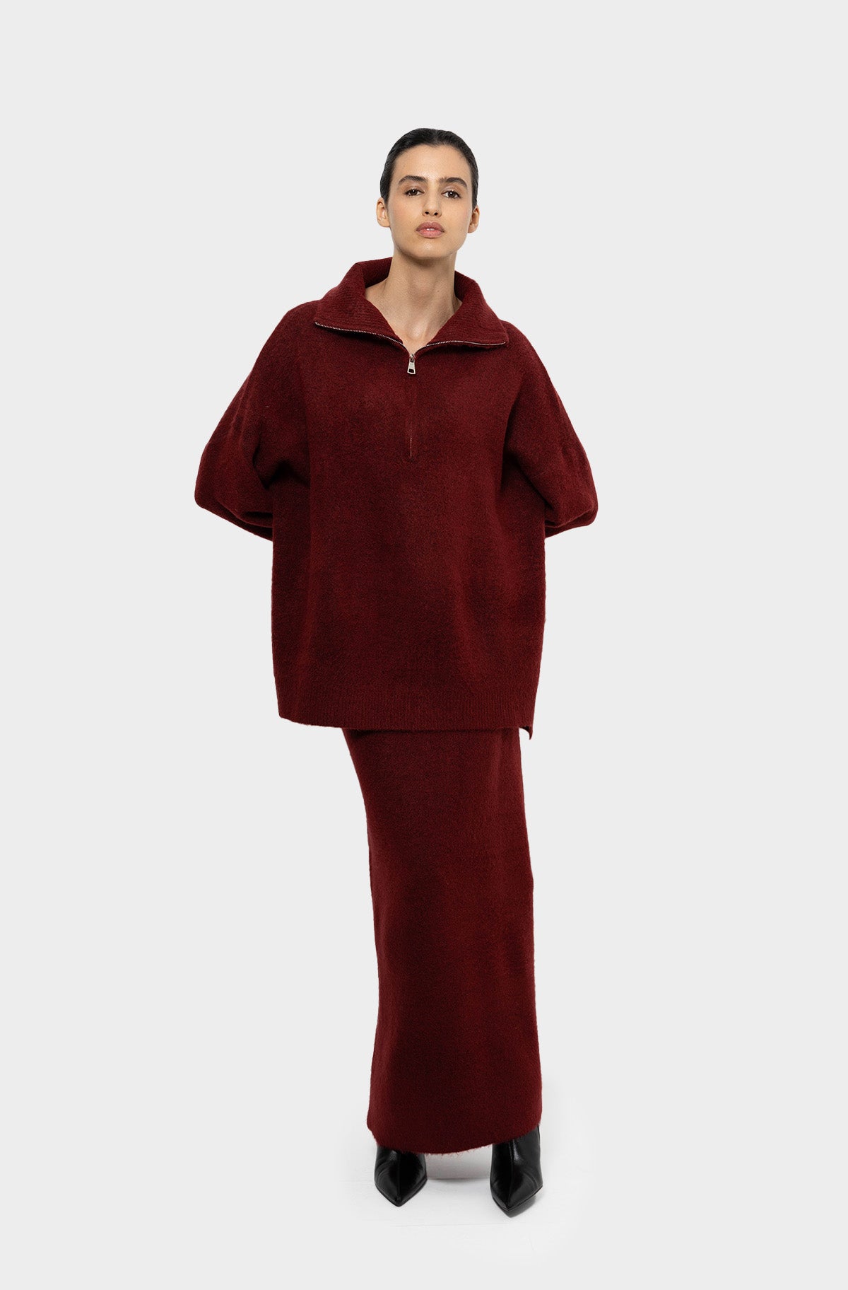 Burgundy zip collar skirt set